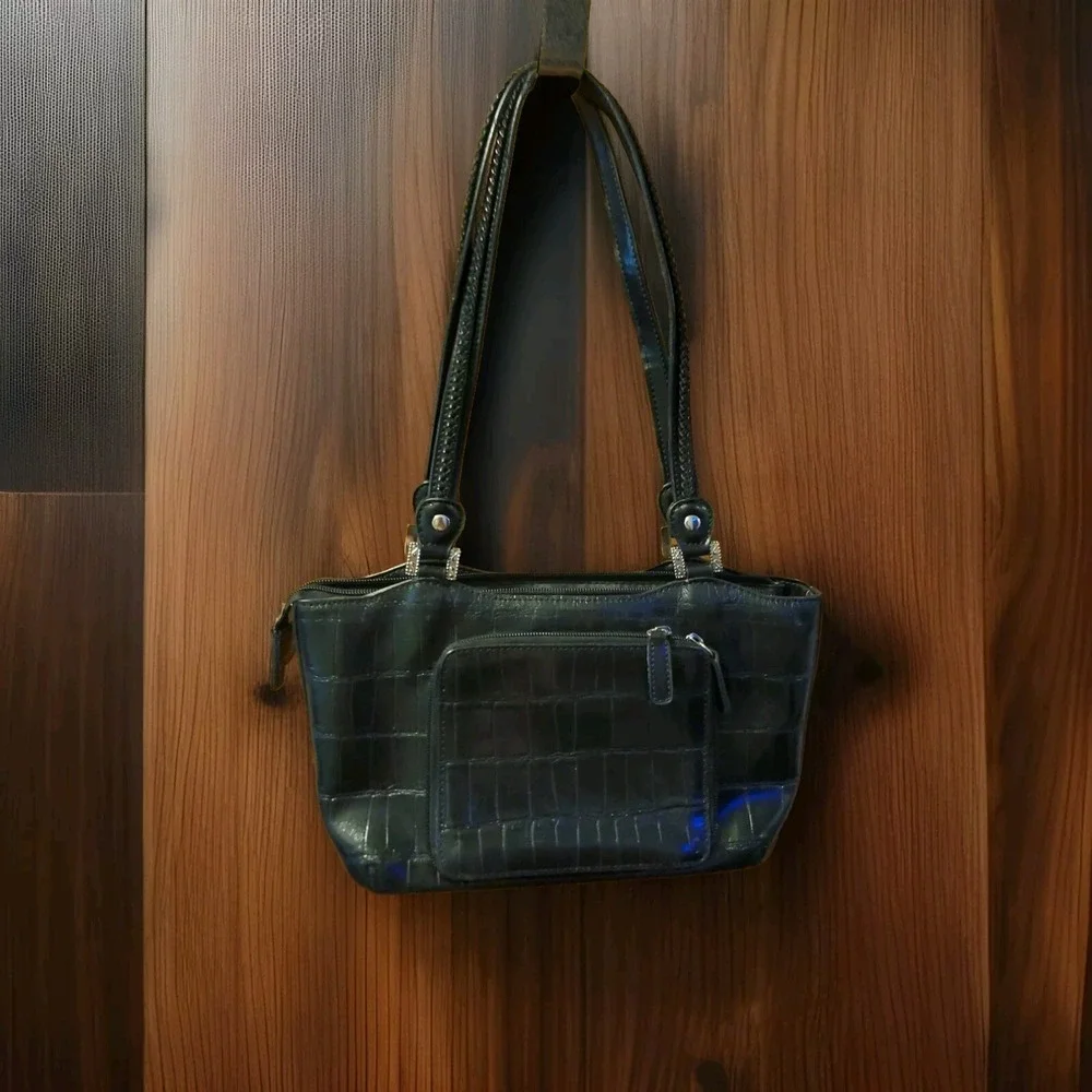 M.C. Marc Chantal‎ Black Embossed Croc LEATHER Satchel Bag Handbag Purse